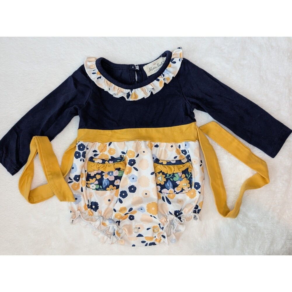 Marie Nicole Floral Long Sleeve Romper w/ Pockets Ruffle Snap 3-6M Navy